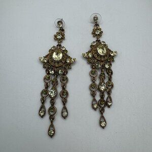 Gorgeous Vintage Dangle Earrings Peridot Rhinestone Pierced Chandelier 4" Long